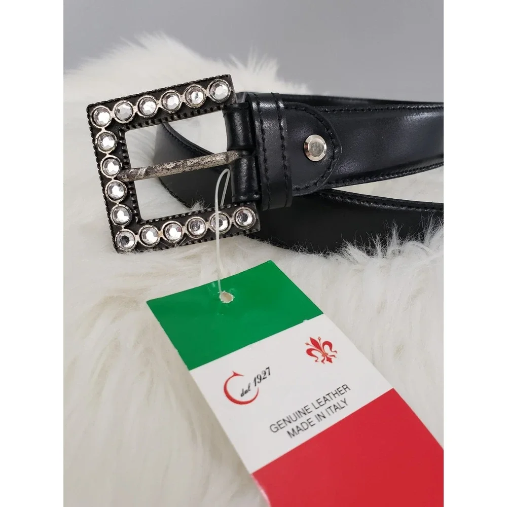 Simple Black Leather Belt Vintage rhinestone SQUARE BUCKLE 80s statement belt‎